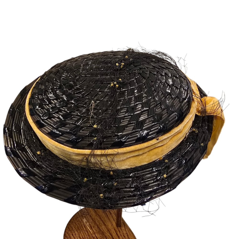 Vintage Kurt Richard New York Straw Boater Hat - Navy Hat with Yellow Ribbon